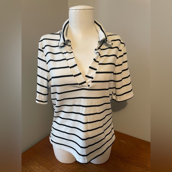See You Monday Women’s Blouse White Black Striped V-Neck Short Sleeve Size XL - Picture 12 of 16